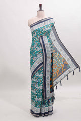 Turquoise green kalamkari style chanderi cotton saree with contrast border and blouse
