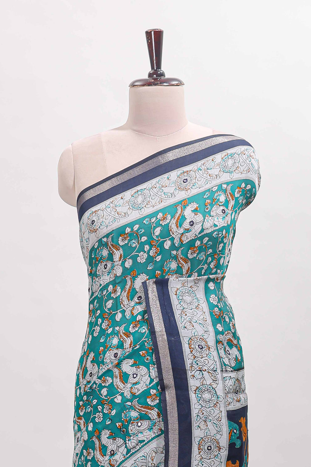 Turquoise green kalamkari style chanderi cotton saree with contrast border and blouse