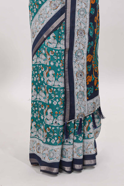 Turquoise green kalamkari style chanderi cotton saree with contrast border and blouse
