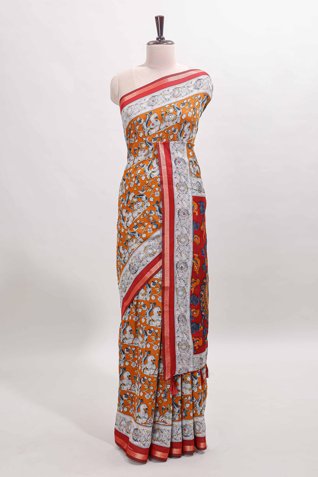 Orange kalamkari style chanderi cotton saree with contrast border and blouse