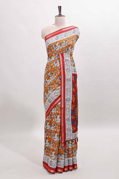 Orange kalamkari style chanderi cotton saree with contrast border and blouse