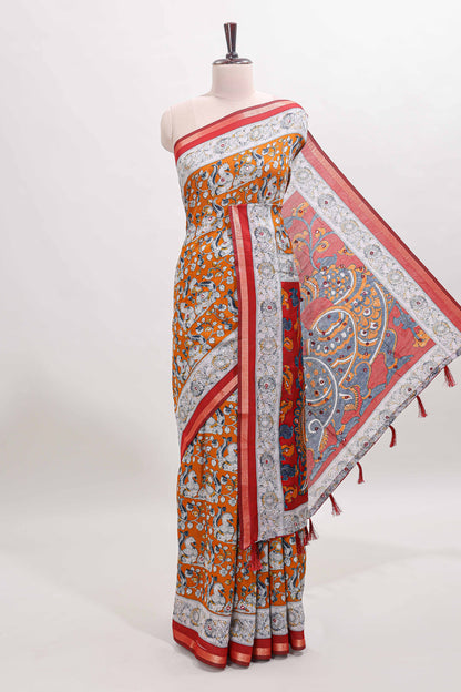 Orange kalamkari style chanderi cotton saree with contrast border and blouse