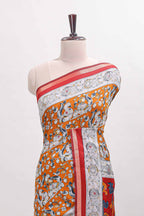 Orange kalamkari style chanderi cotton saree with contrast border and blouse