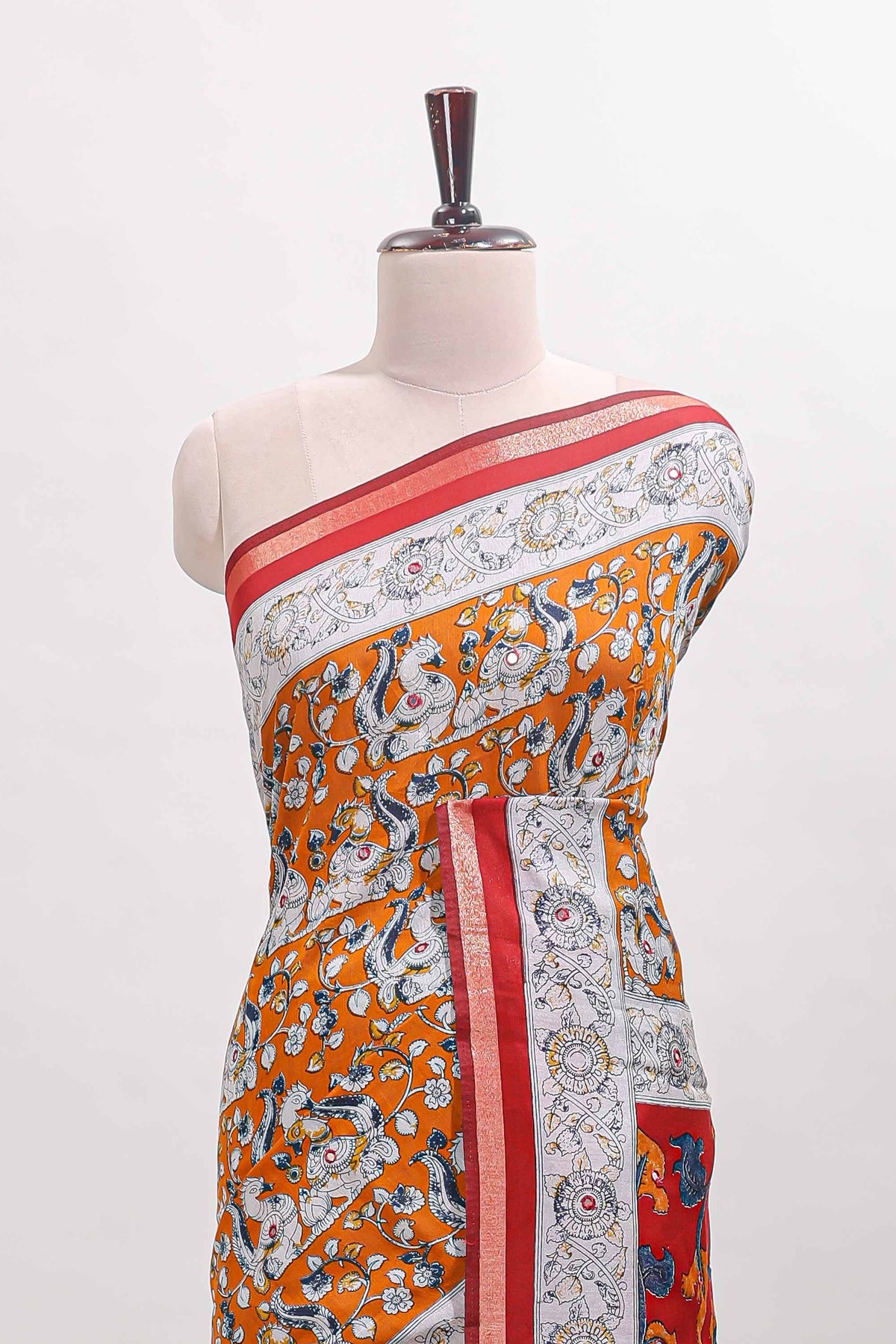 Orange kalamkari style chanderi cotton saree with contrast border and blouse