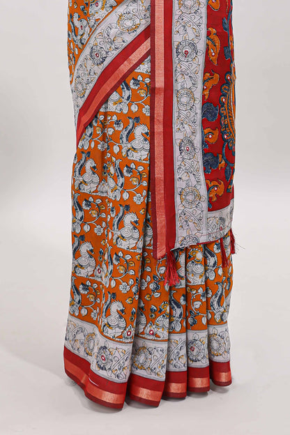 Orange kalamkari style chanderi cotton saree with contrast border and blouse