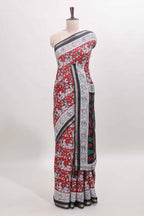 Red kalamkari style chanderi cotton saree with contrast border and blouse