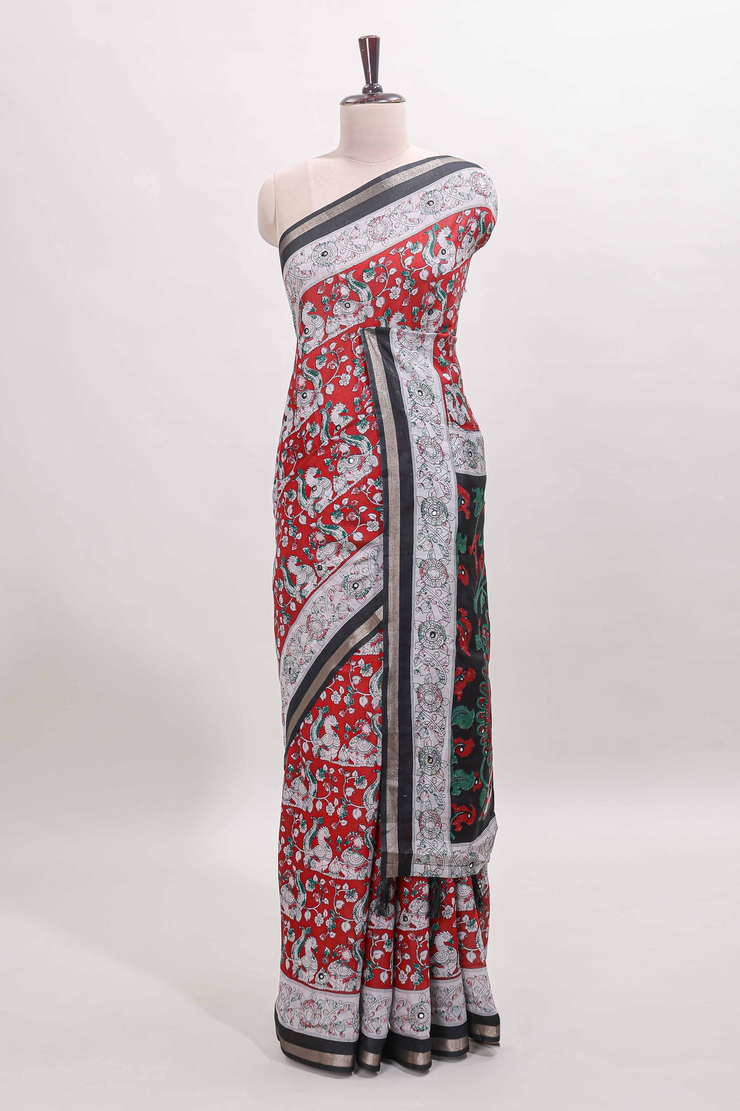 Red kalamkari style chanderi cotton saree with contrast border and blouse