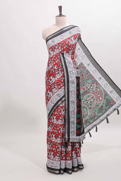Red kalamkari style chanderi cotton saree with contrast border and blouse