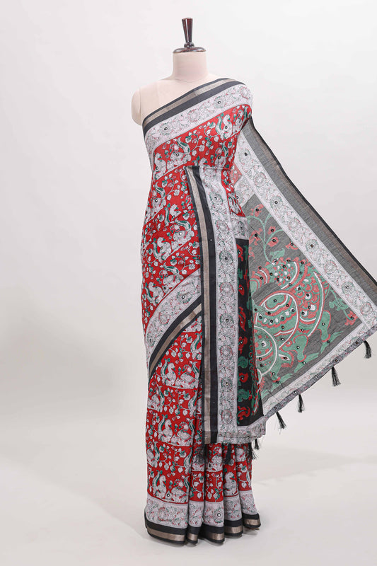 Red kalamkari style chanderi cotton saree with contrast border and blouse