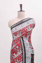 Red kalamkari style chanderi cotton saree with contrast border and blouse