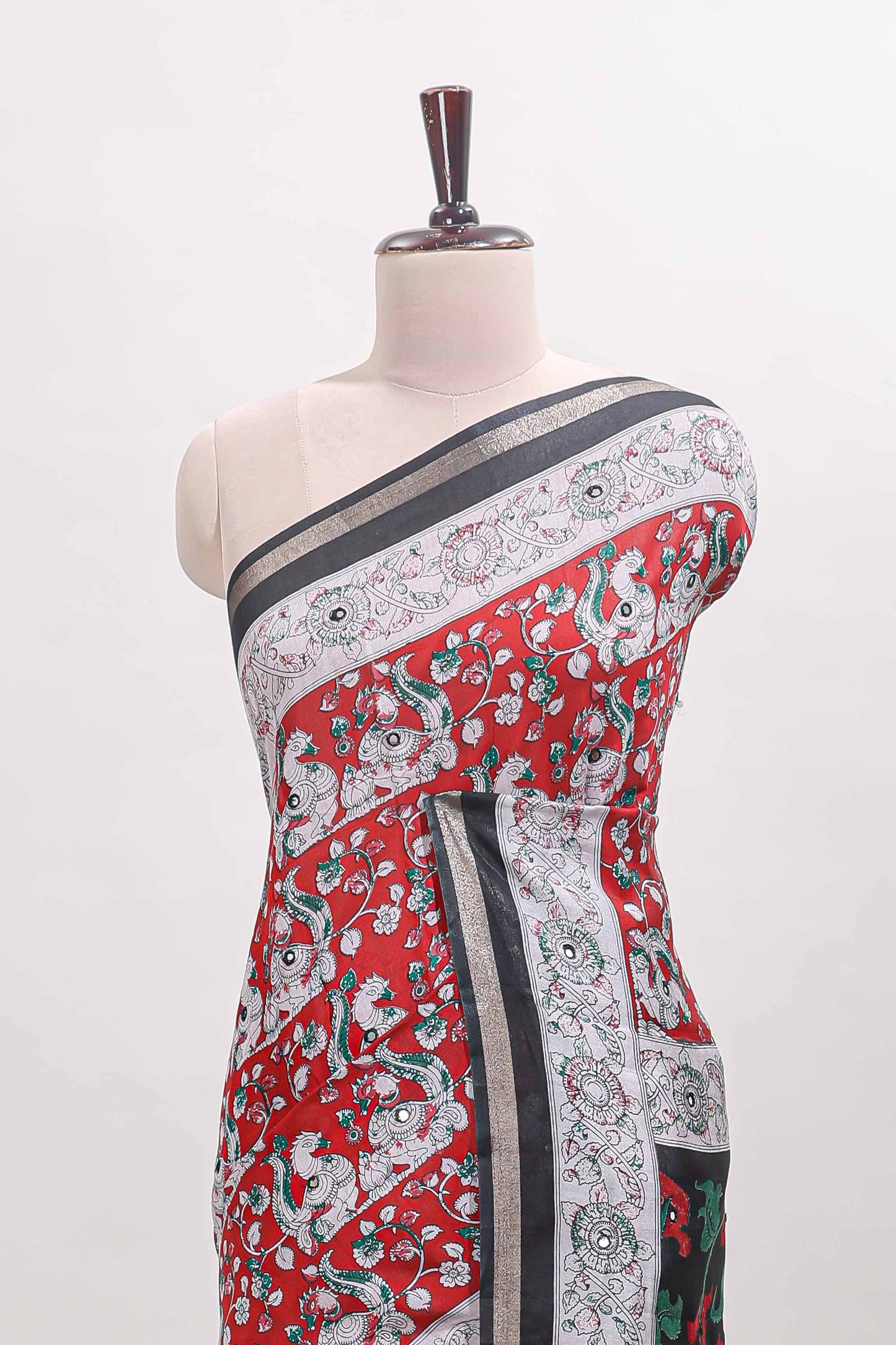 Red kalamkari style chanderi cotton saree with contrast border and blouse
