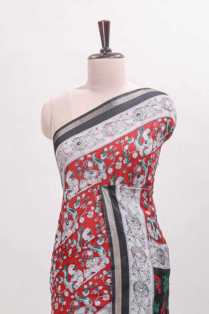 Red kalamkari style chanderi cotton saree with contrast border and blouse
