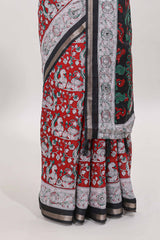 Red kalamkari style chanderi cotton saree with contrast border and blouse