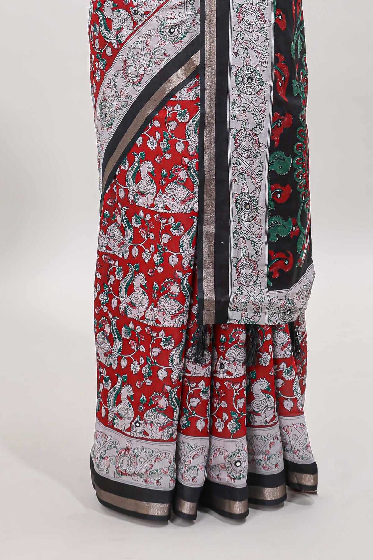 Red kalamkari style chanderi cotton saree with contrast border and blouse