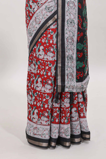 Red kalamkari style chanderi cotton saree with contrast border and blouse