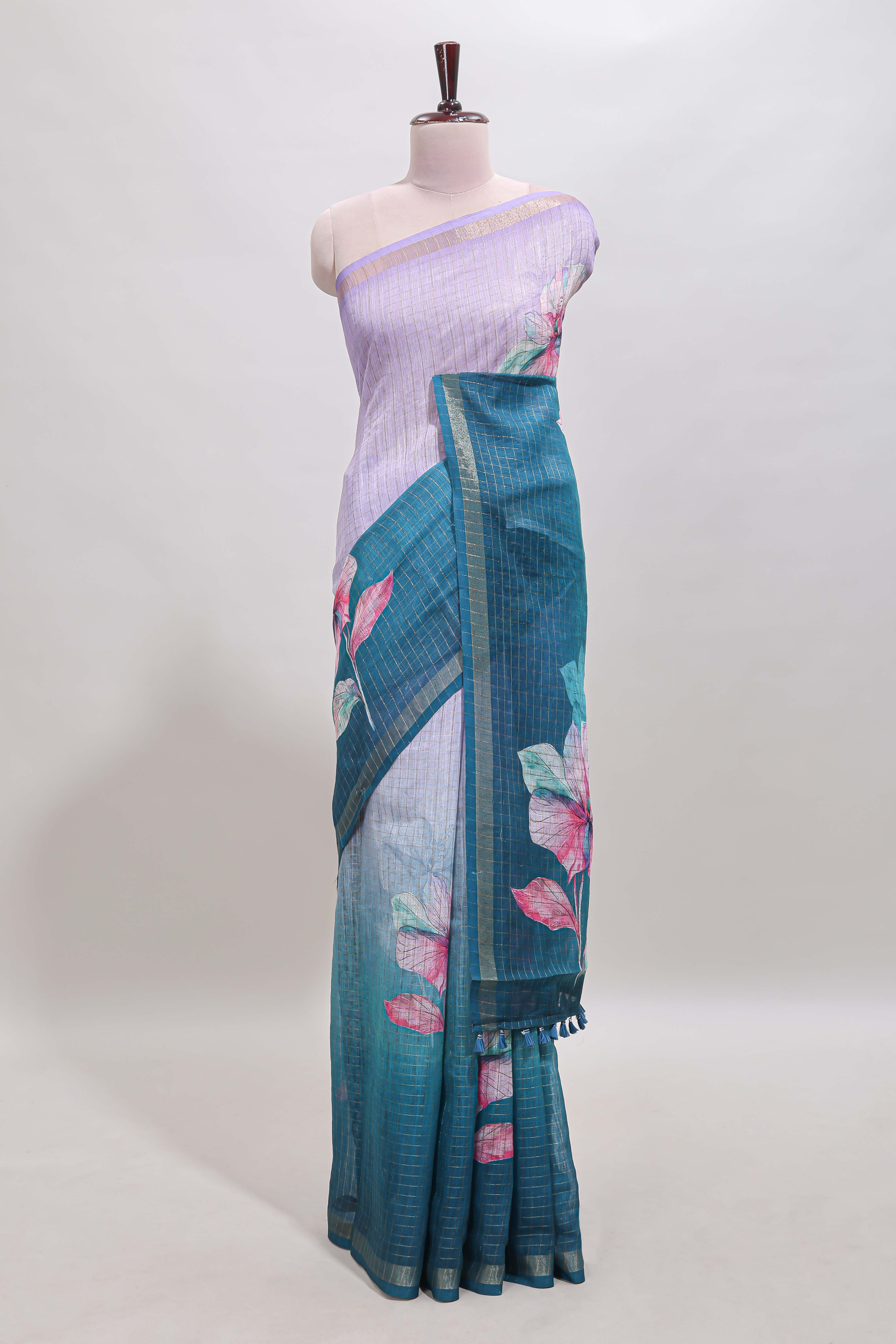 Lavender & green dual shade checked floral design chanderi cotton saree with self zari border and matching blouse