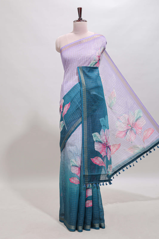 Lavender & green dual shade checked floral design chanderi cotton saree with self zari border and matching blouse