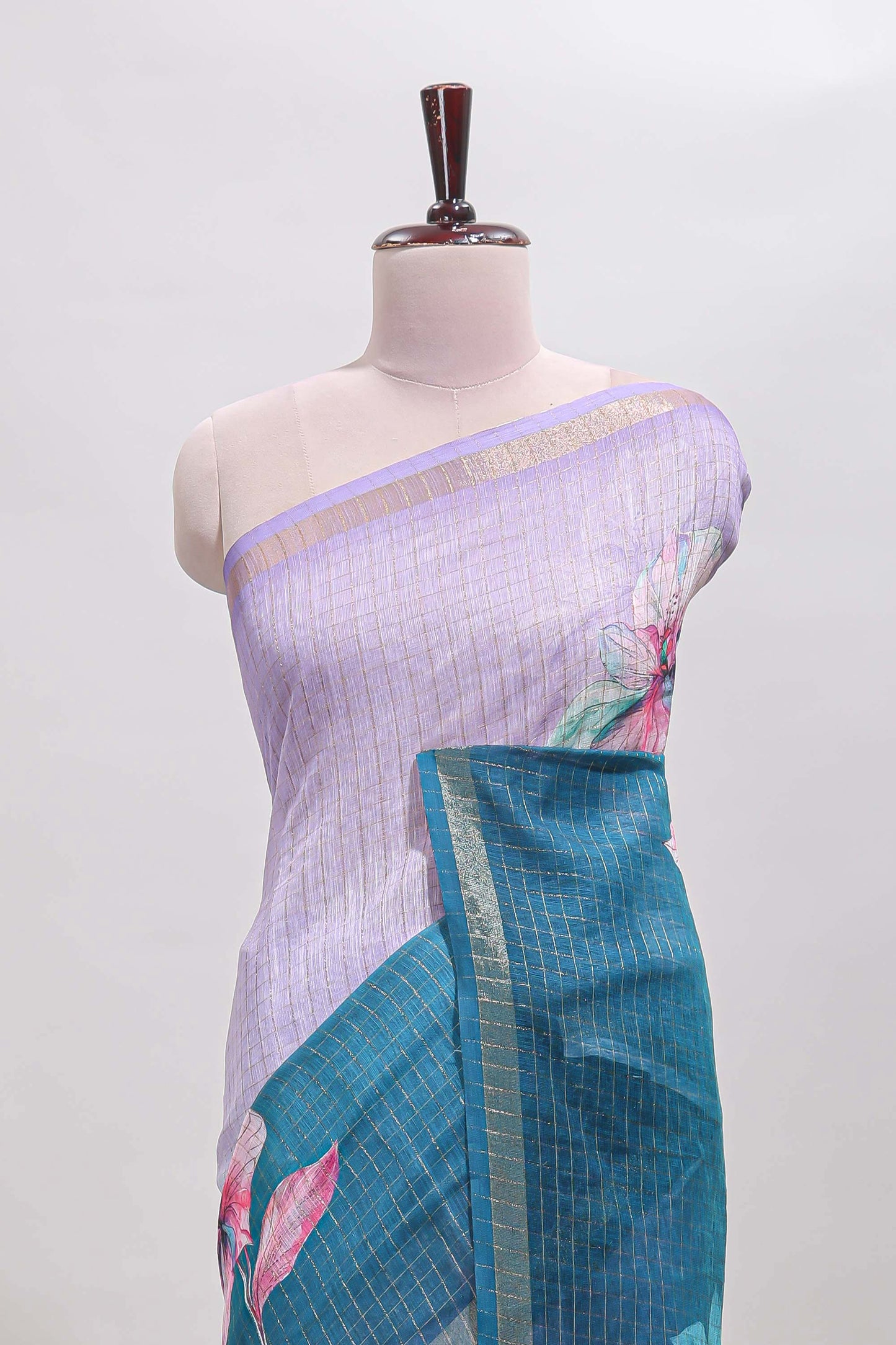 Lavender & green dual shade checked floral design chanderi cotton saree with self zari border and matching blouse