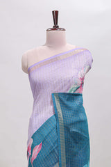 Lavender & green dual shade checked floral design chanderi cotton saree with self zari border and matching blouse