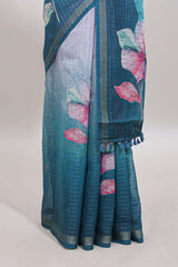Lavender & green dual shade checked floral design chanderi cotton saree with self zari border and matching blouse