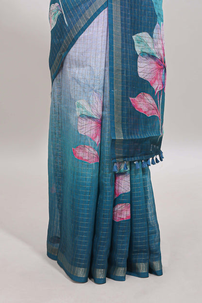 Lavender & green dual shade checked floral design chanderi cotton saree with self zari border and matching blouse
