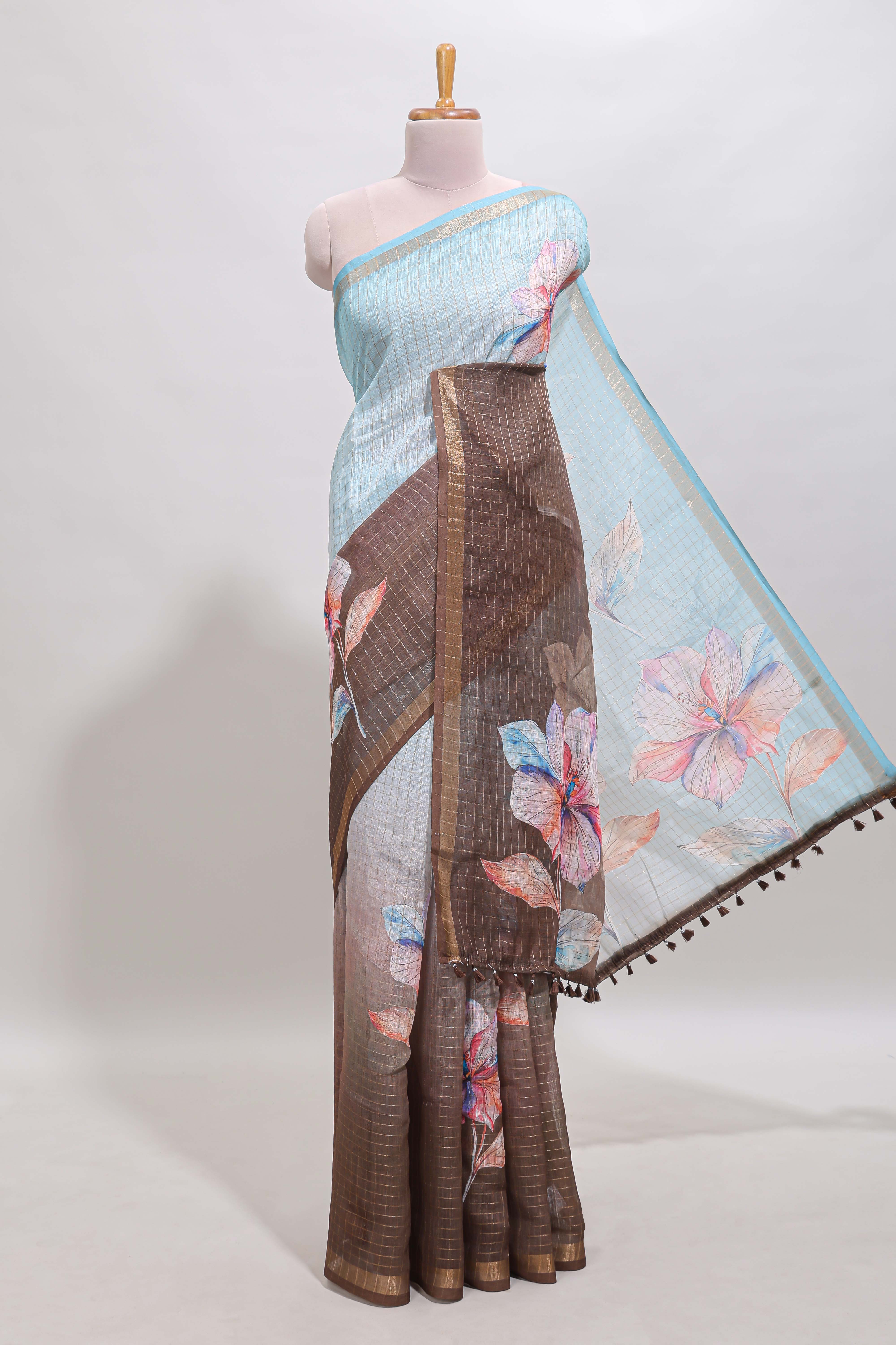 Blue & brown dual shade checked floral design chanderi cotton saree with self zari border and matching blouse