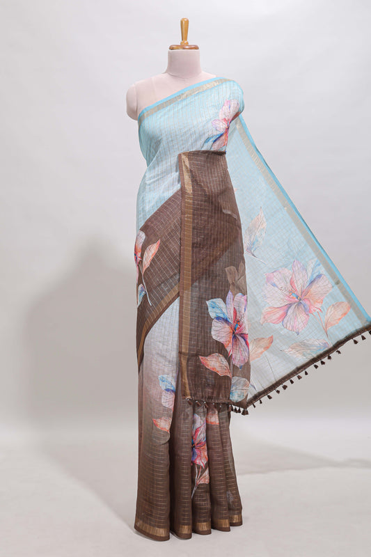 Blue & brown dual shade checked floral design chanderi cotton saree with self zari border and matching blouse