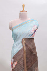 Blue & brown dual shade checked floral design chanderi cotton saree with self zari border and matching blouse