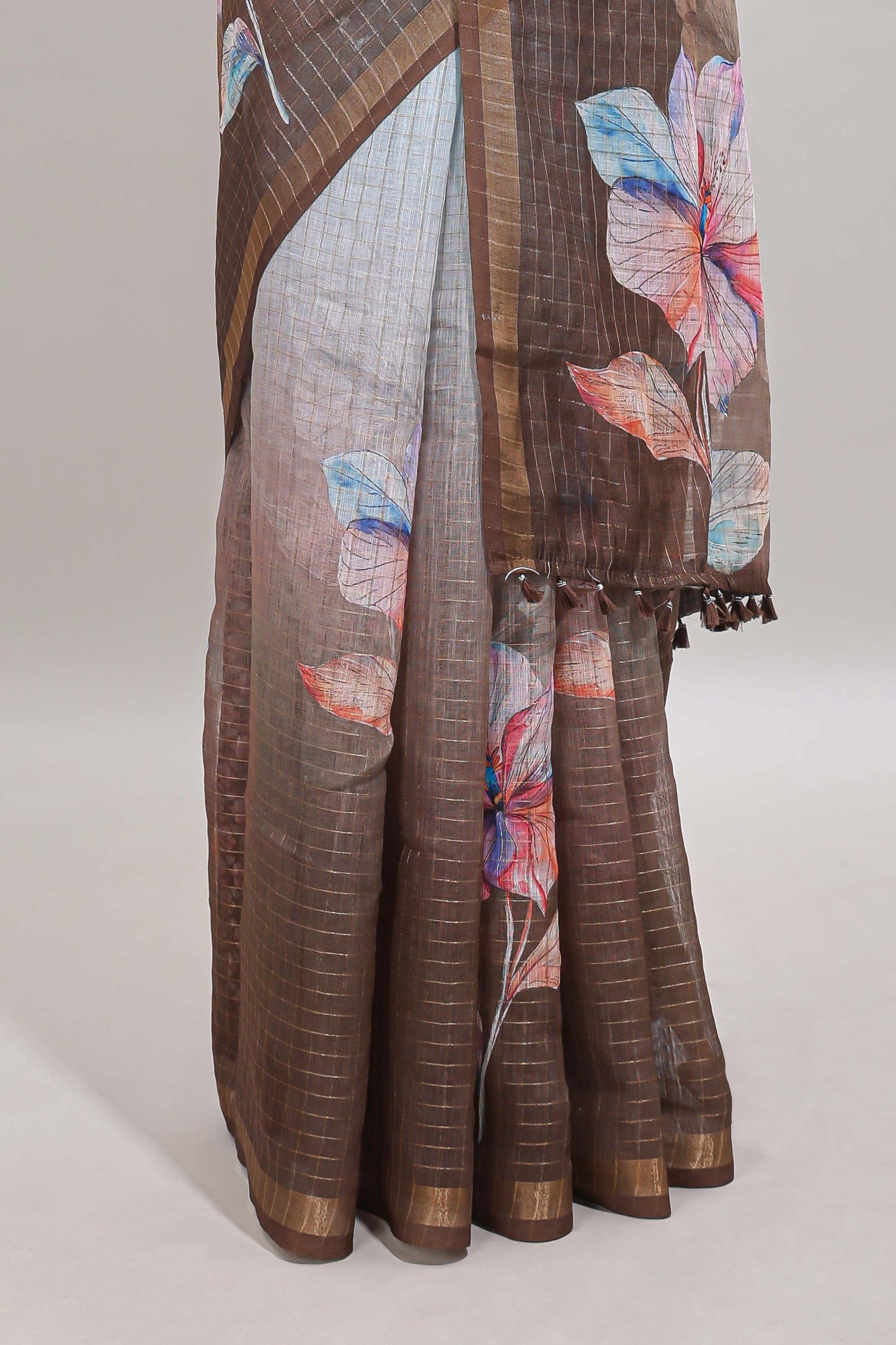 Blue & brown dual shade checked floral design chanderi cotton saree with self zari border and matching blouse