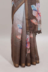 Blue & brown dual shade checked floral design chanderi cotton saree with self zari border and matching blouse