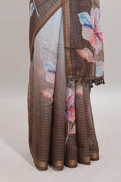 Blue & brown dual shade checked floral design chanderi cotton saree with self zari border and matching blouse
