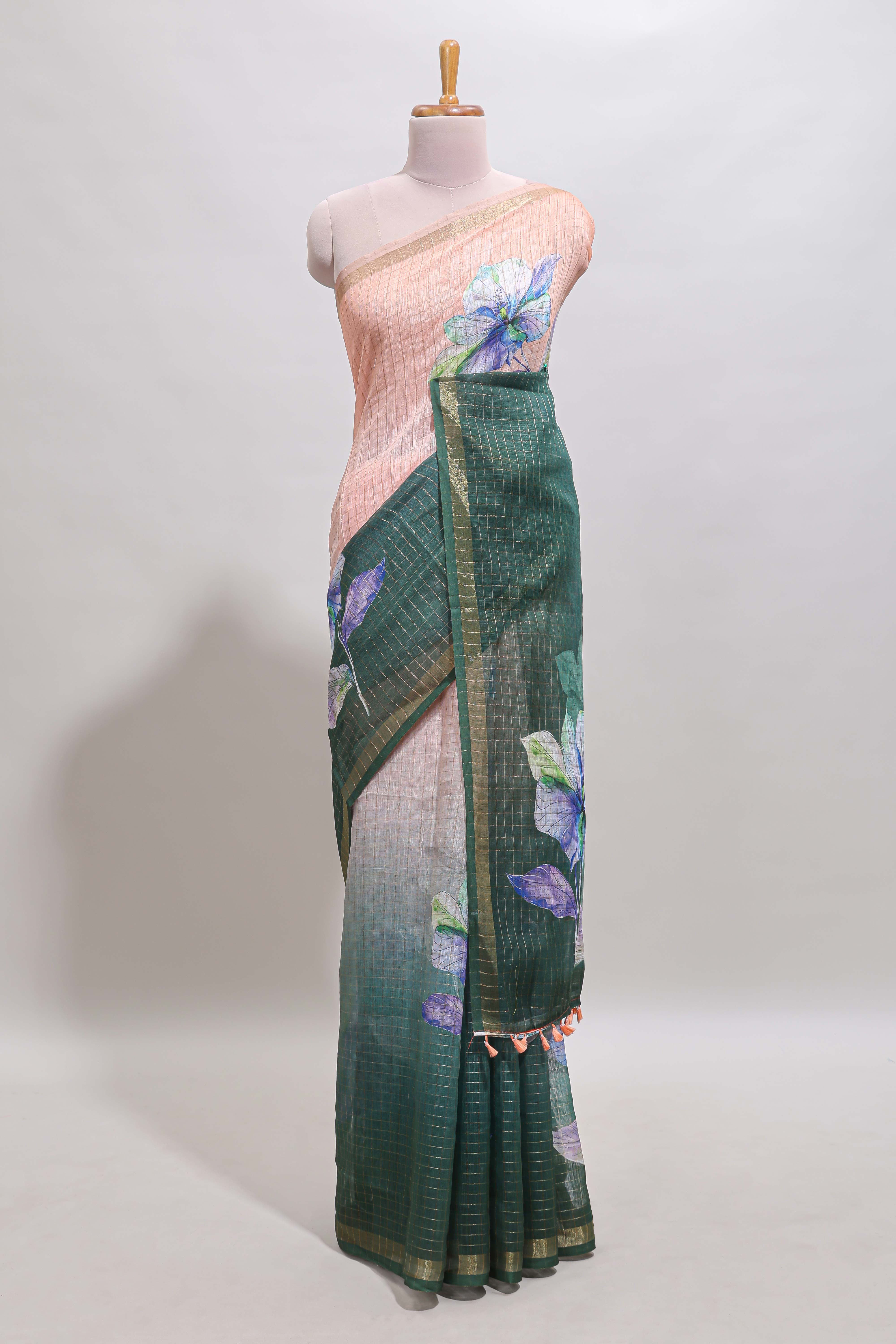 Peach & brown dual shade checked floral design chanderi cotton saree with self zari border and matching blouse