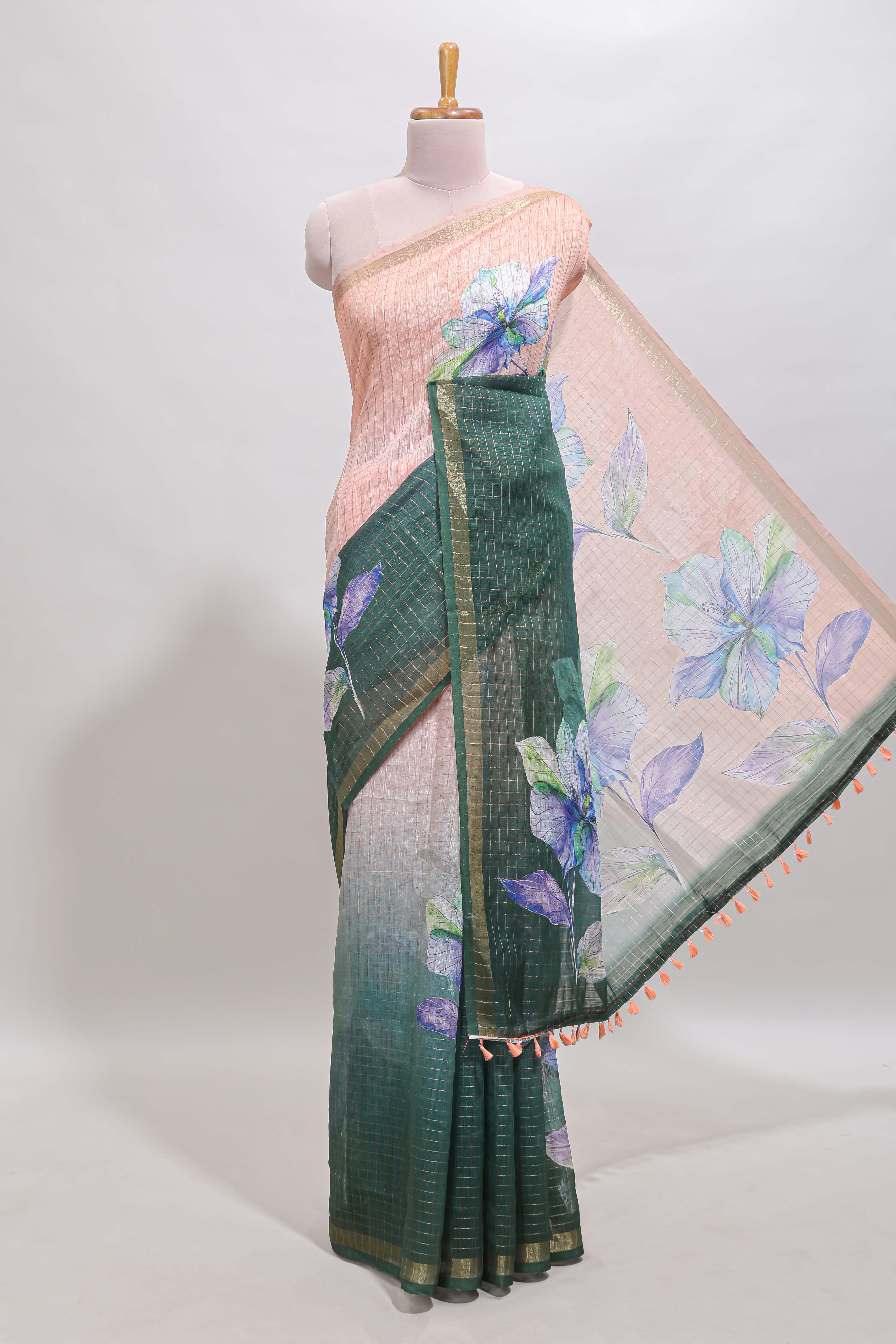 Peach & brown dual shade checked floral design chanderi cotton saree with self zari border and matching blouse