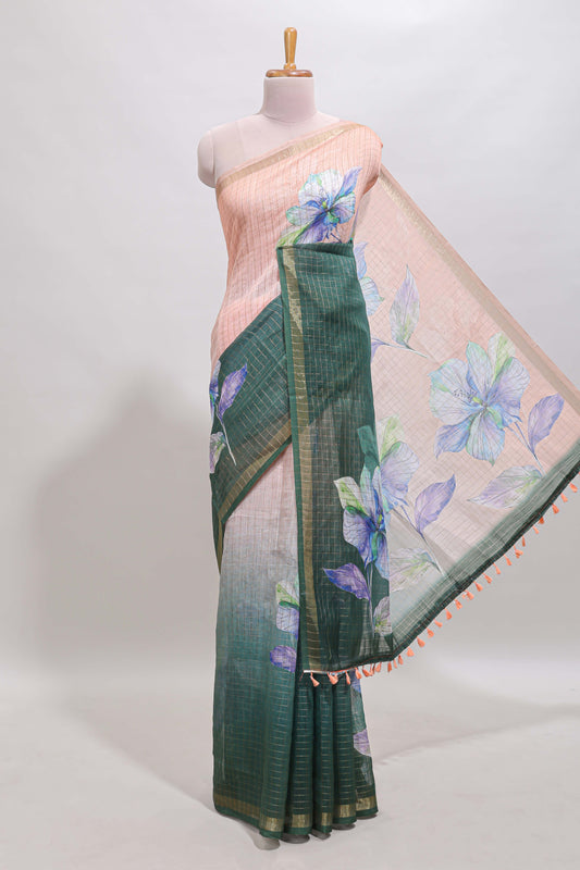 Peach & brown dual shade checked floral design chanderi cotton saree with self zari border and matching blouse