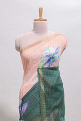 Peach & brown dual shade checked floral design chanderi cotton saree with self zari border and matching blouse