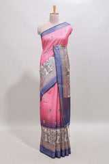 Pink striped floral buttas madhubani art design chanderi cotton saree with contrast border and blouse