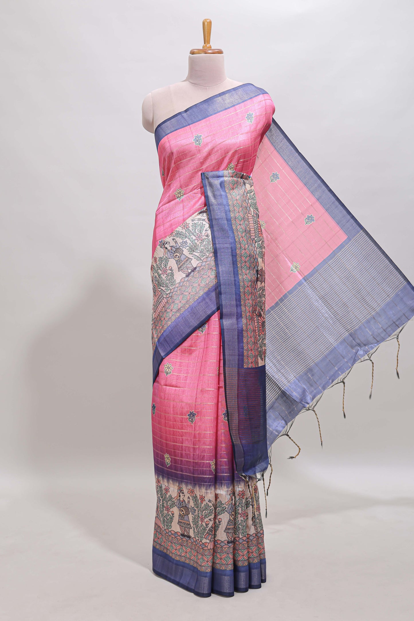 Pink striped floral buttas madhubani art design chanderi cotton saree with contrast border and blouse