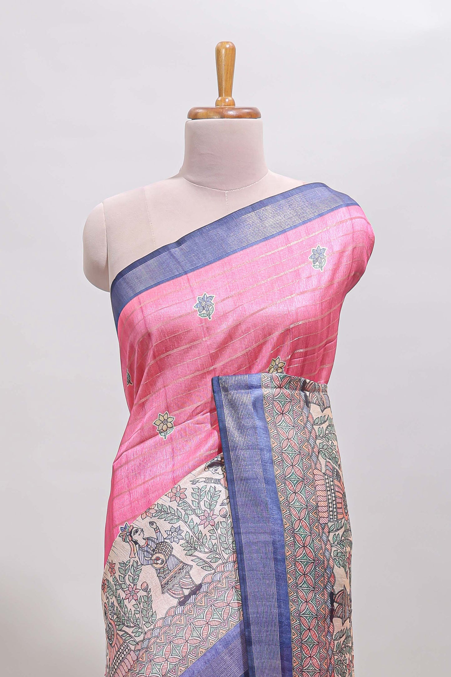 Pink striped floral buttas madhubani art design chanderi cotton saree with contrast border and blouse