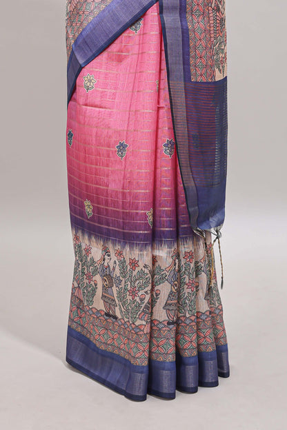 Pink striped floral buttas madhubani art design chanderi cotton saree with contrast border and blouse