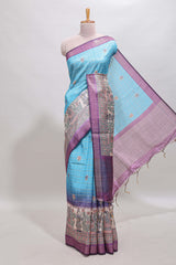 Blue striped floral buttas madhubani art design chanderi cotton saree with contrast border and blouse