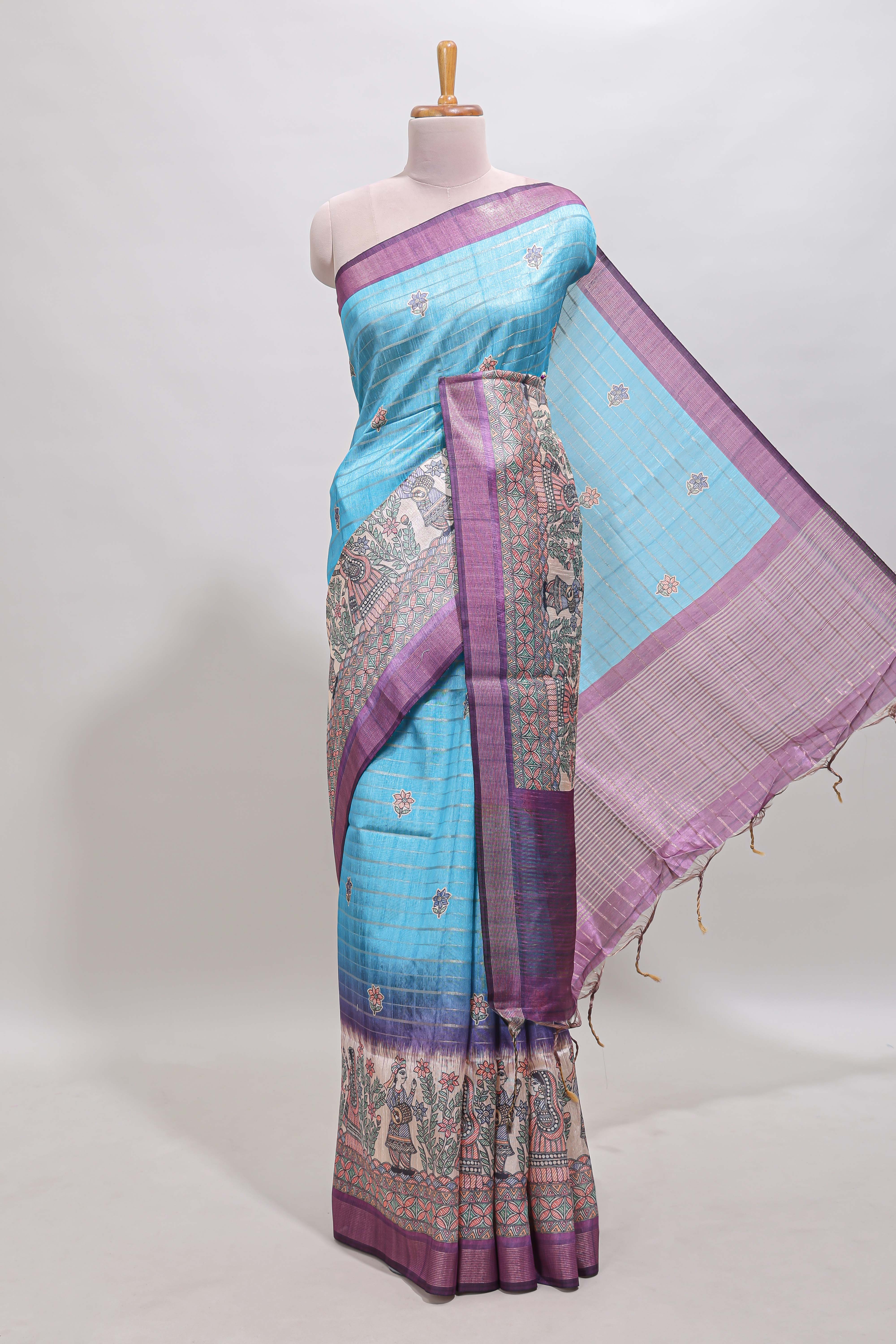 Blue striped floral buttas madhubani art design chanderi cotton saree with contrast border and blouse