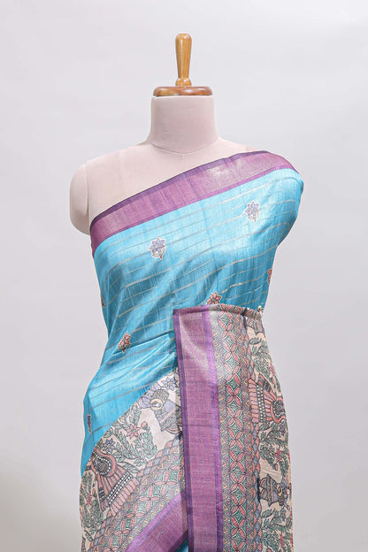 Blue striped floral buttas madhubani art design chanderi cotton saree with contrast border and blouse