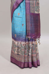 Blue striped floral buttas madhubani art design chanderi cotton saree with contrast border and blouse
