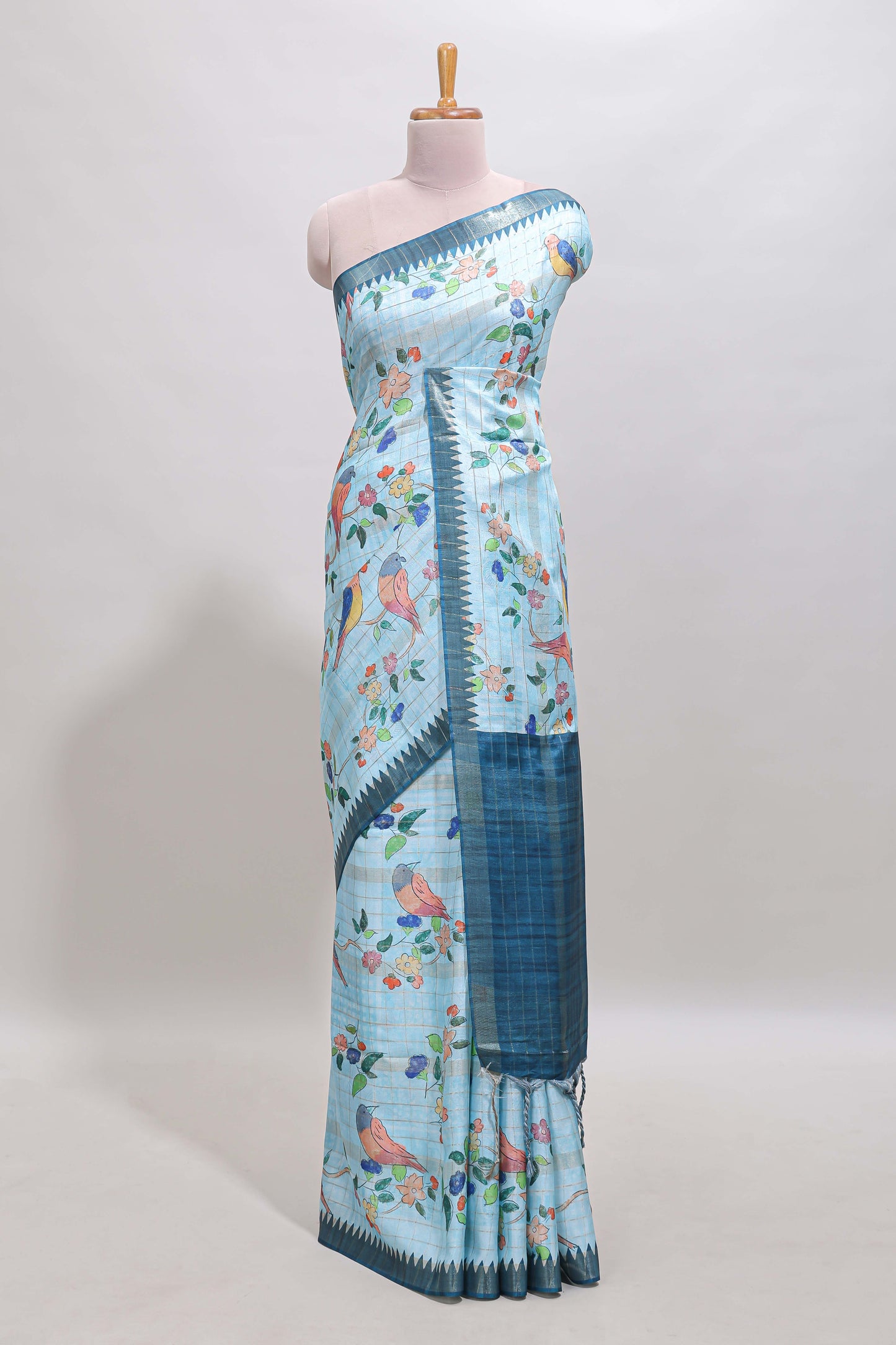 Blue checked birds & floral design chanderi cotton saree with contrast border and blouse