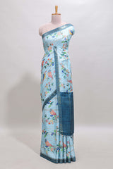 Blue checked birds & floral design chanderi cotton saree with contrast border and blouse