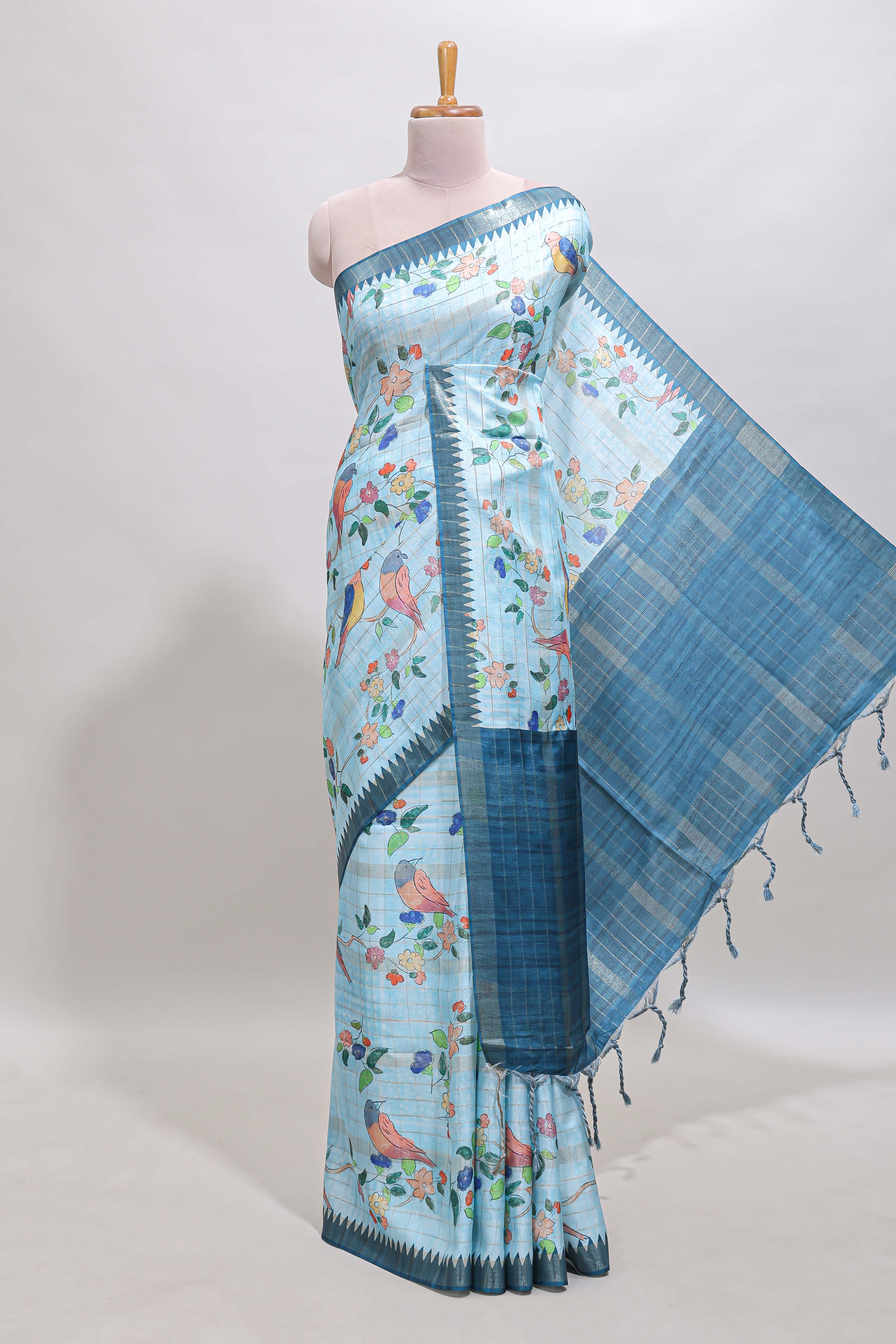 Blue checked birds & floral design chanderi cotton saree with contrast border and blouse