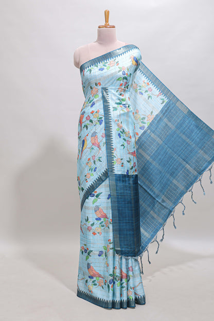 Blue checked birds & floral design chanderi cotton saree with contrast border and blouse
