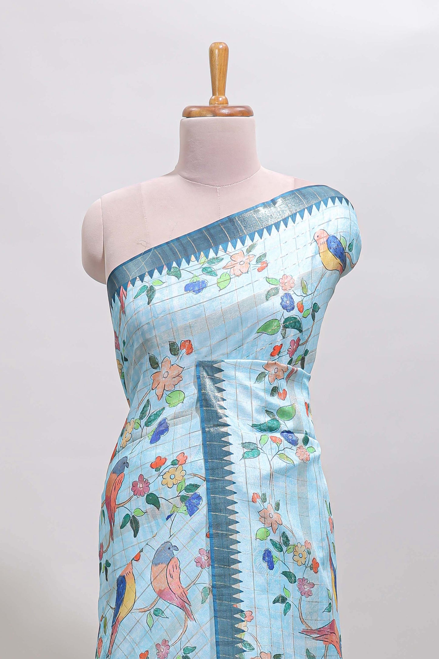 Blue checked birds & floral design chanderi cotton saree with contrast border and blouse
