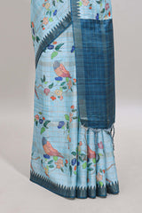 Blue checked birds & floral design chanderi cotton saree with contrast border and blouse