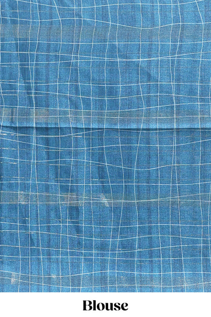 Blue checked birds & floral design chanderi cotton saree with contrast border and blouse